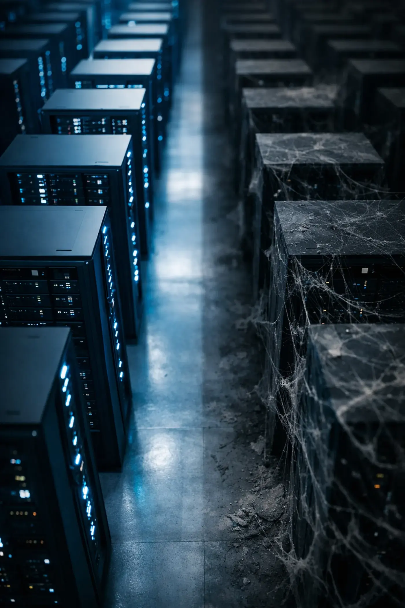 Neglected enterprise server infrastructure representing poor technical SEO maintenance