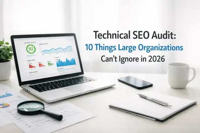 Abstract illustration representing the technical SEO audit items large organizations can't ignore in 2026