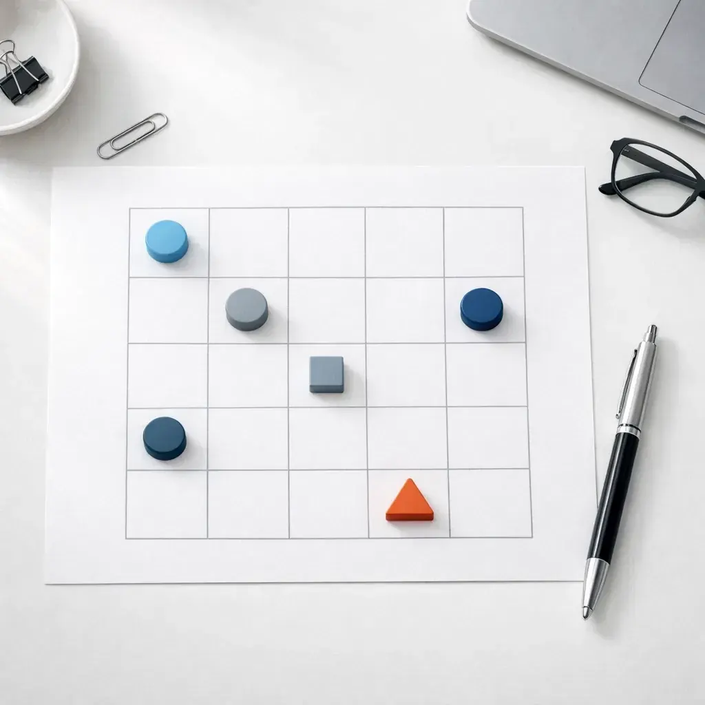 A minimalist, top-down view of a workspace with a strategic grid and abstract markers, suggesting data-driven planning and structured problem solving.