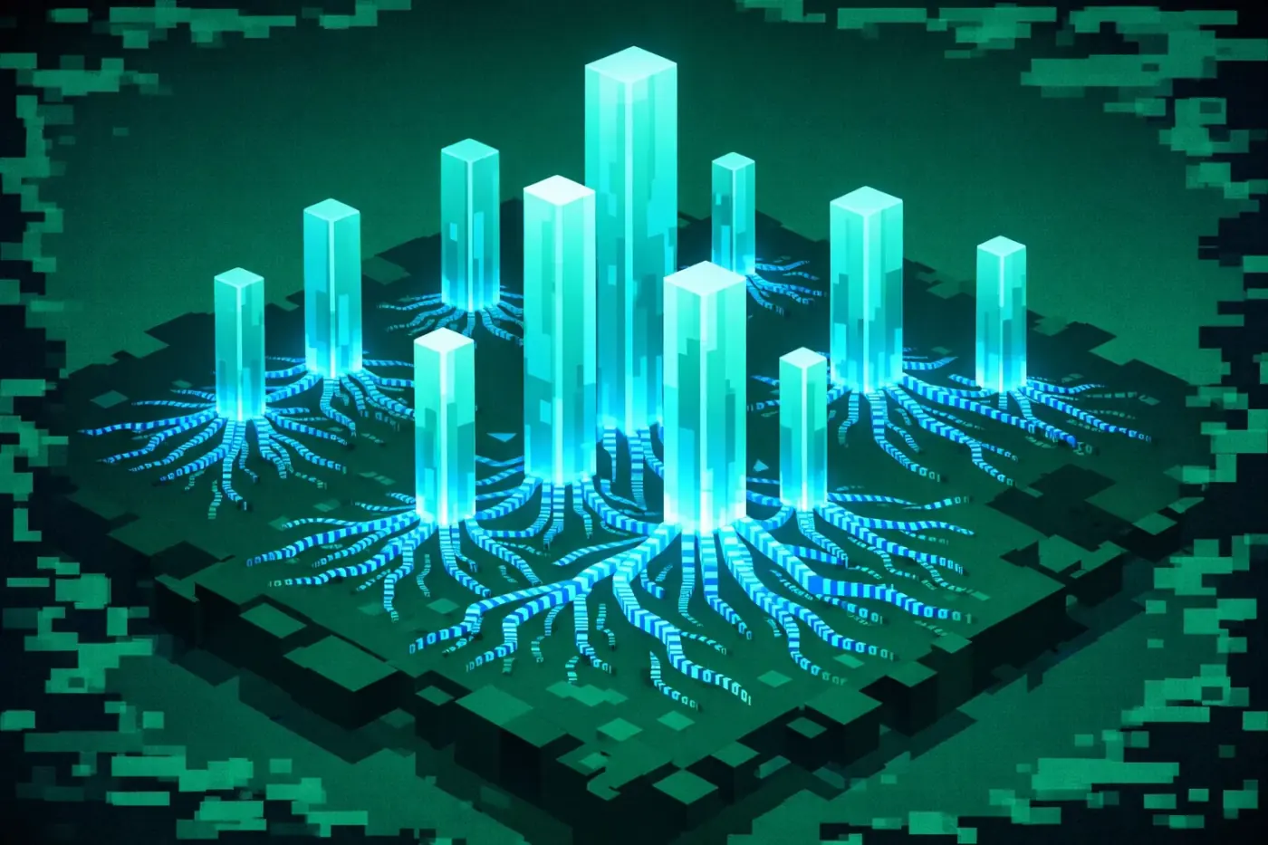 Digital forest with glowing entity pillars and data roots illustrating AI discovery architecture
