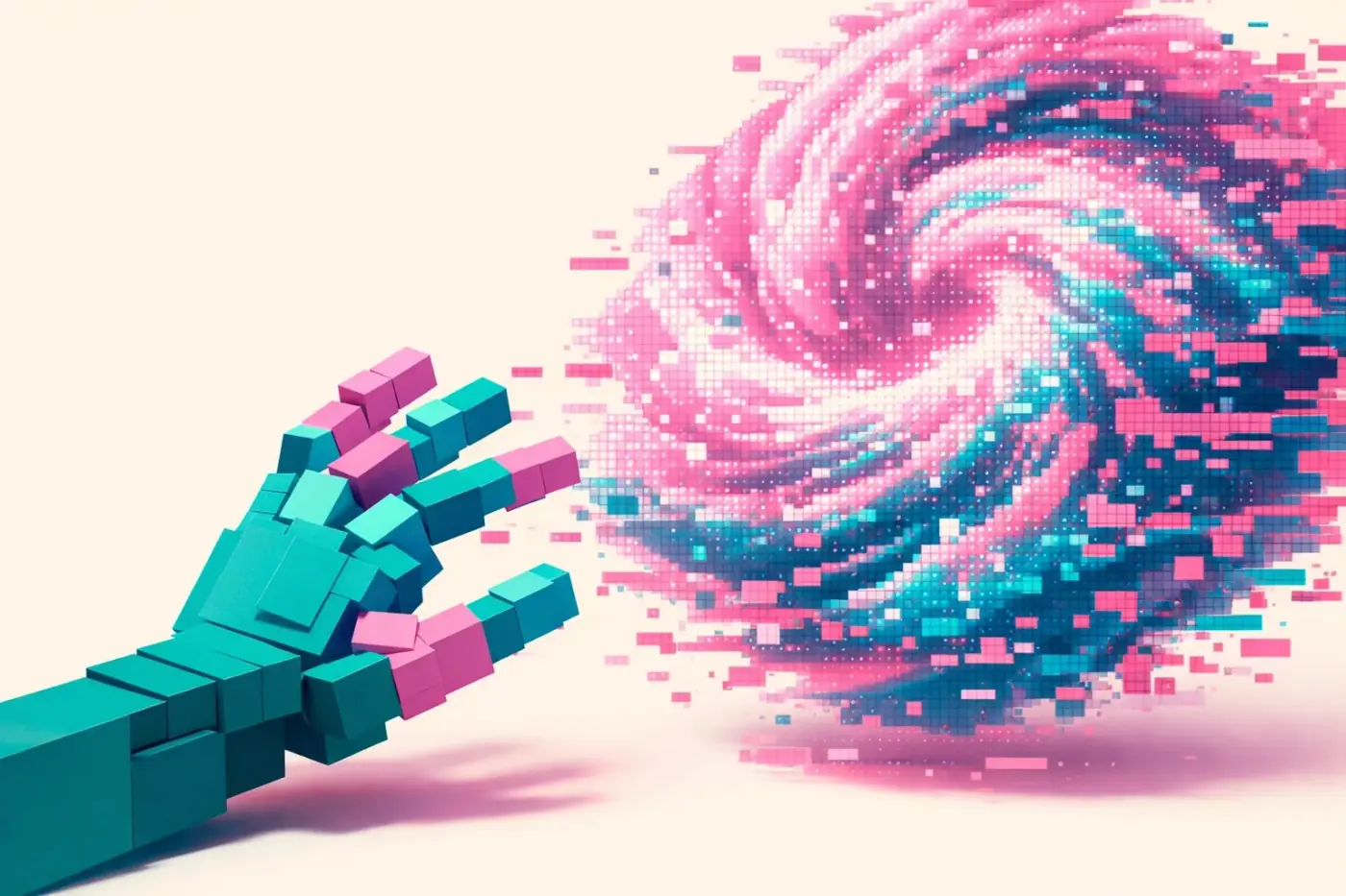 Stylized hand grasping pixelated data clouds, representing the challenge of manual Google Ads management.