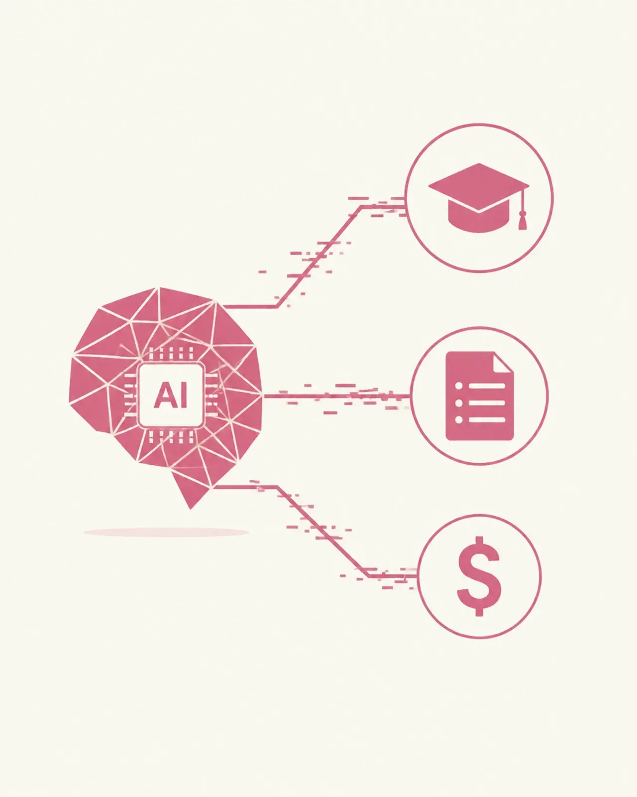 An AI agent represented as a geometric node processing higher education data like a syllabus, mortarboard, and aid icons.
