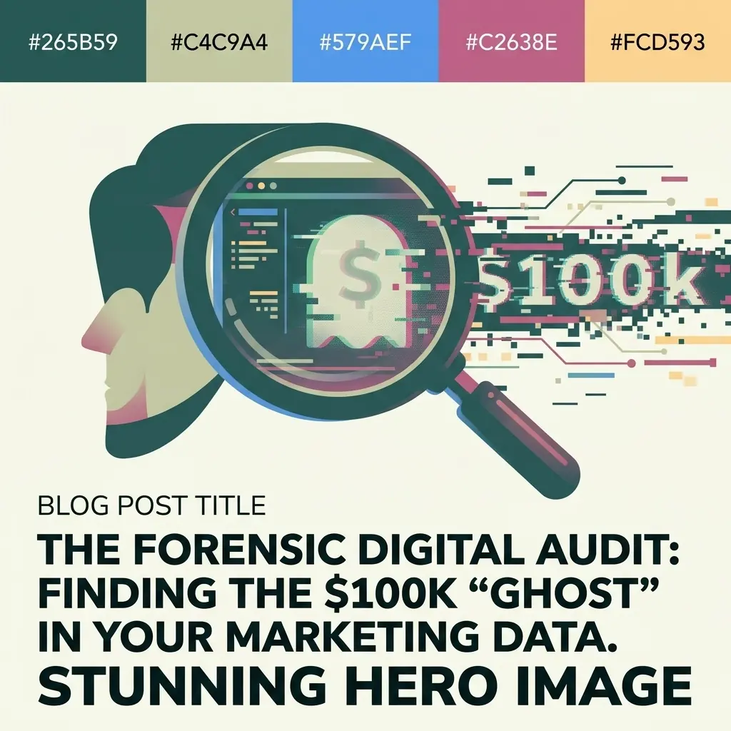 Abstract illustration representing a forensic digital audit uncovering a $100k gap in marketing data