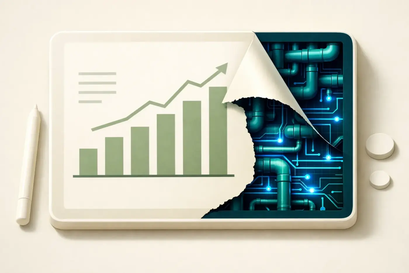 Technical SEO audit uncovering hidden technical debt and legacy scripts beneath a clean marketing dashboard.