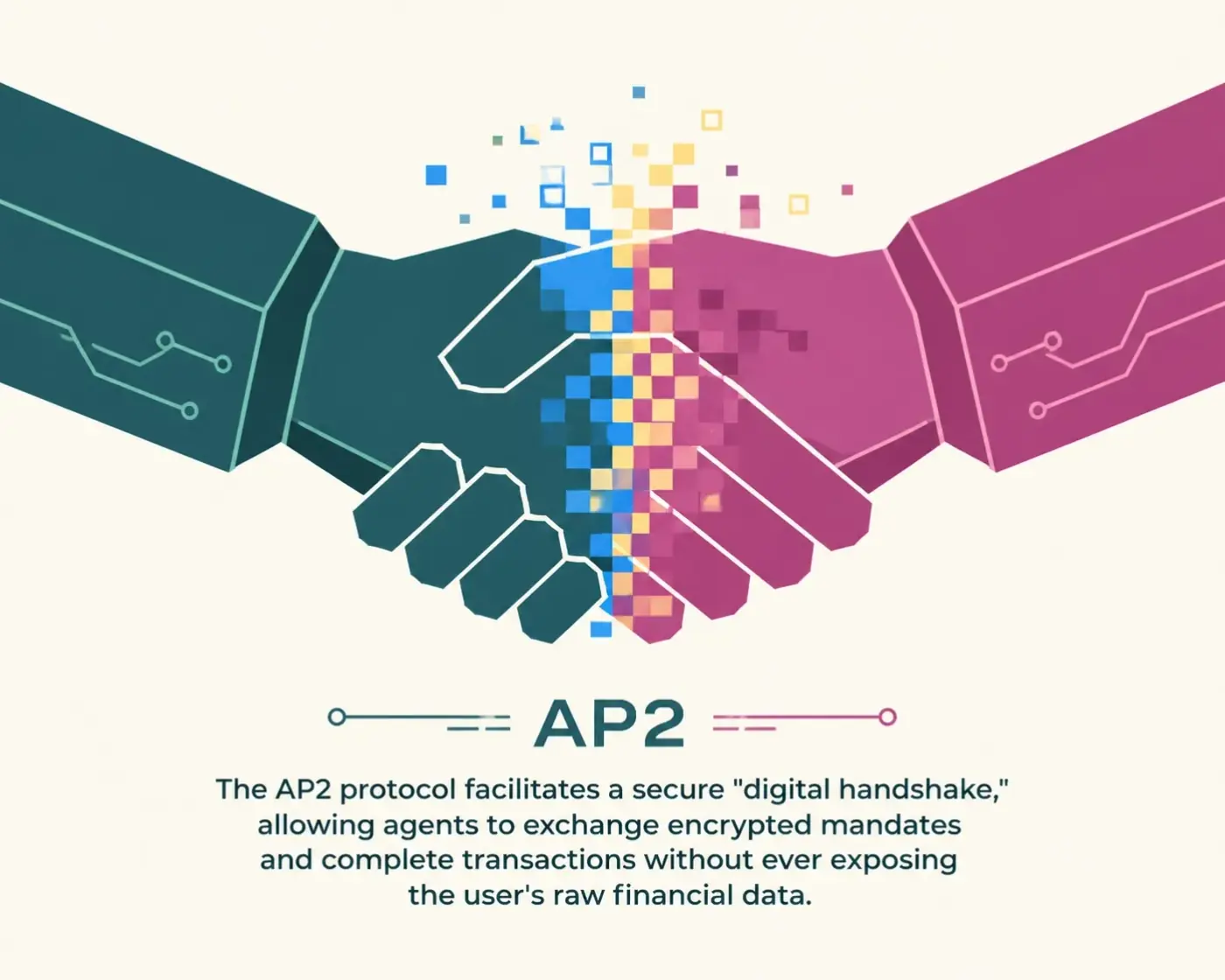 Minimalist graphic of a secure digital handshake representing the AP2 protocol in agentic commerce.