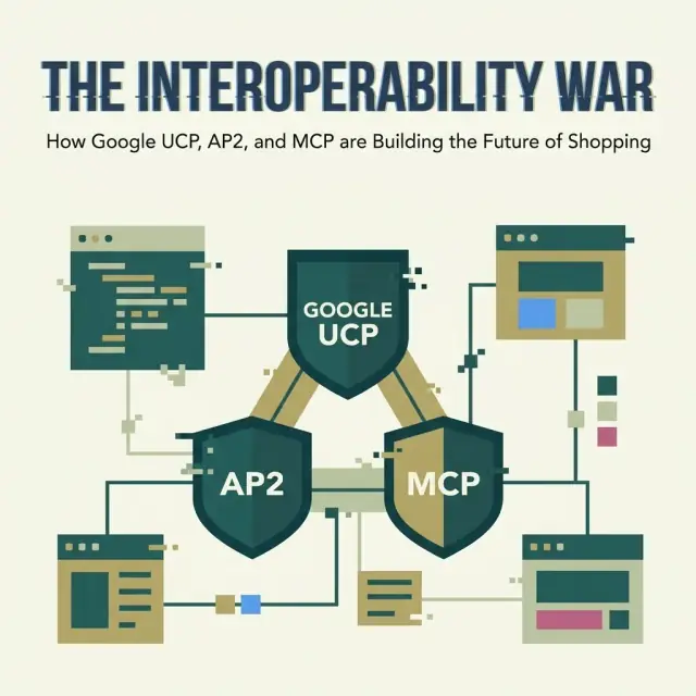 Abstract illustration representing interoperability between Google UCP, AP2, and MCP commerce protocols