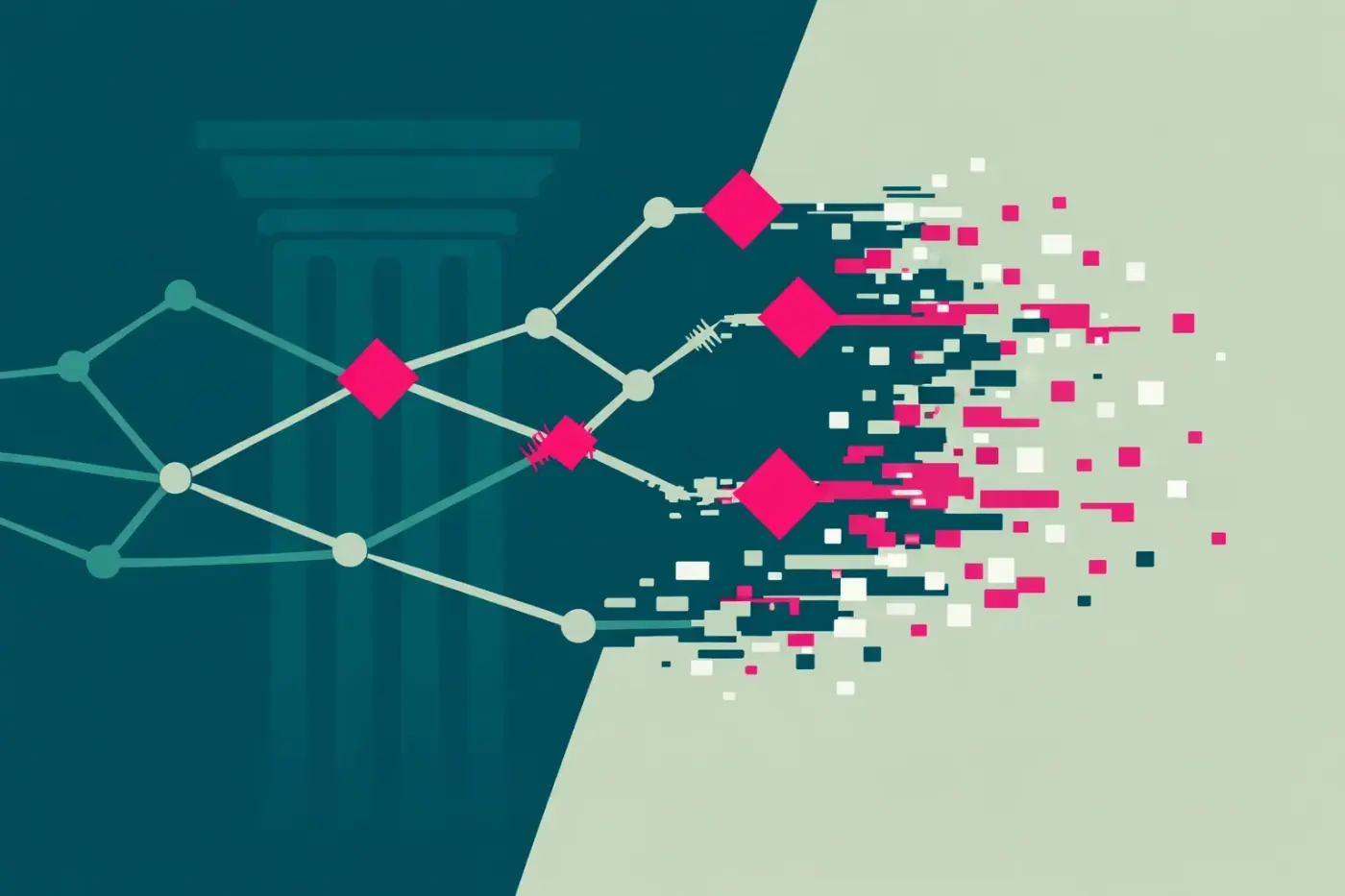 Digital network with glitch effects representing privacy risks and tag rot on higher education websites.