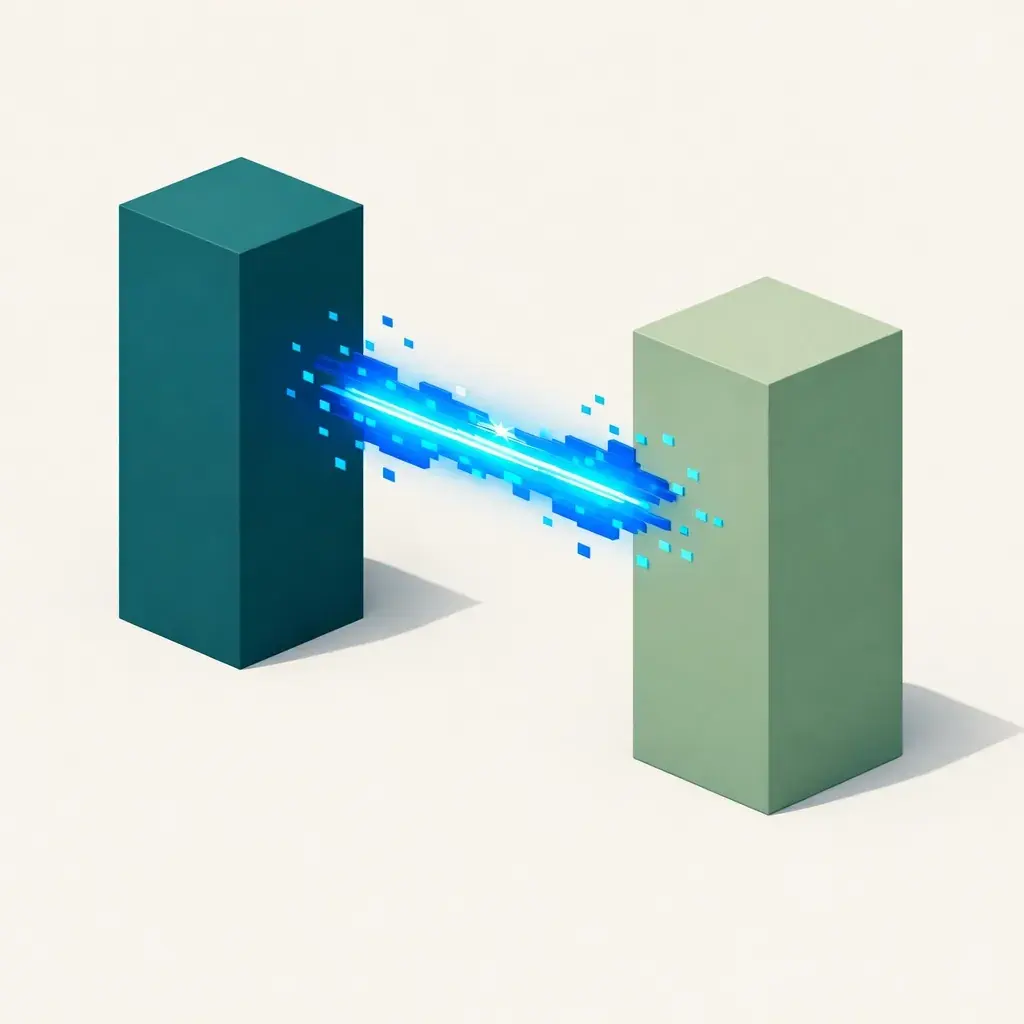 Digital sparks connecting two monoliths to represent the integration of CRM and marketing analytics data silos.