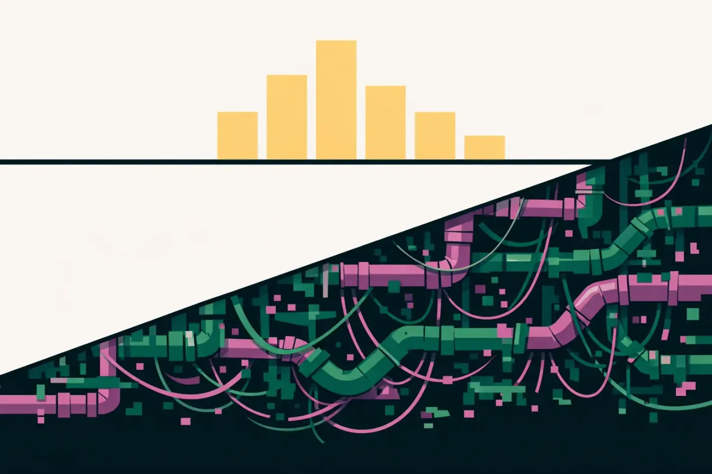 Bar chart above a tangled digital foundation, contrasting flashy visuals with broken data infrastructure.