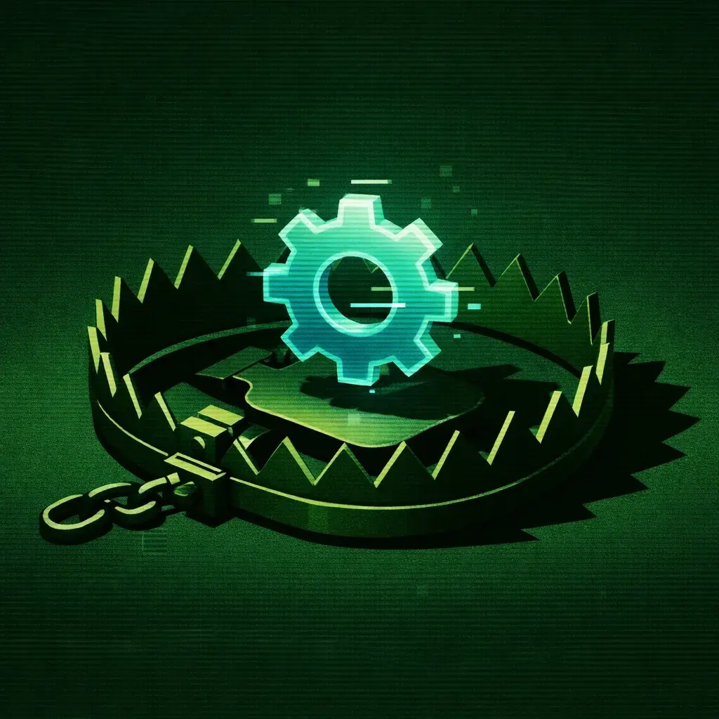 A golden trap baited with a software gear, representing the marketing tool trap and the need for business strategy.