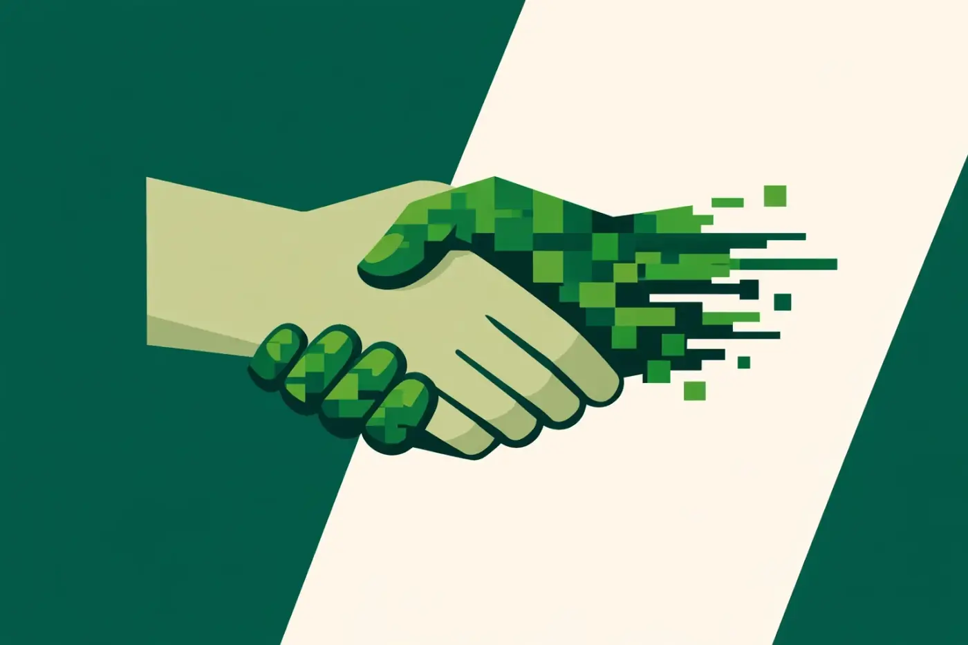 Handshake between a human and digital hand symbolizing data strategy training and client team empowerment.