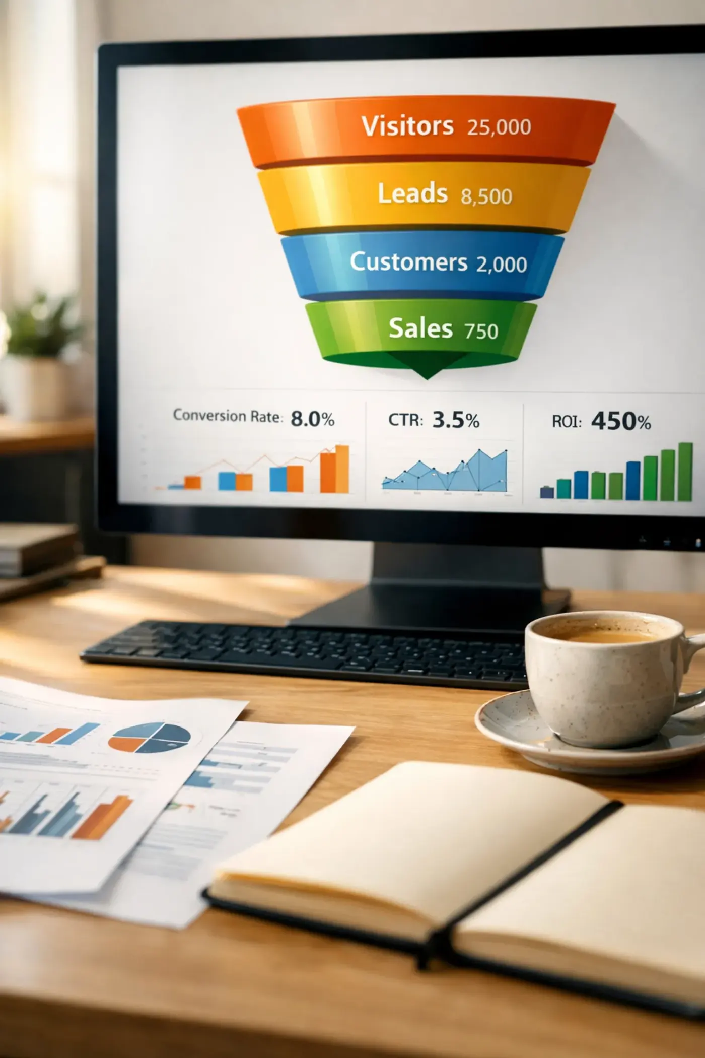 GA4 conversion funnel analysis displayed on workspace monitor with supporting documentation