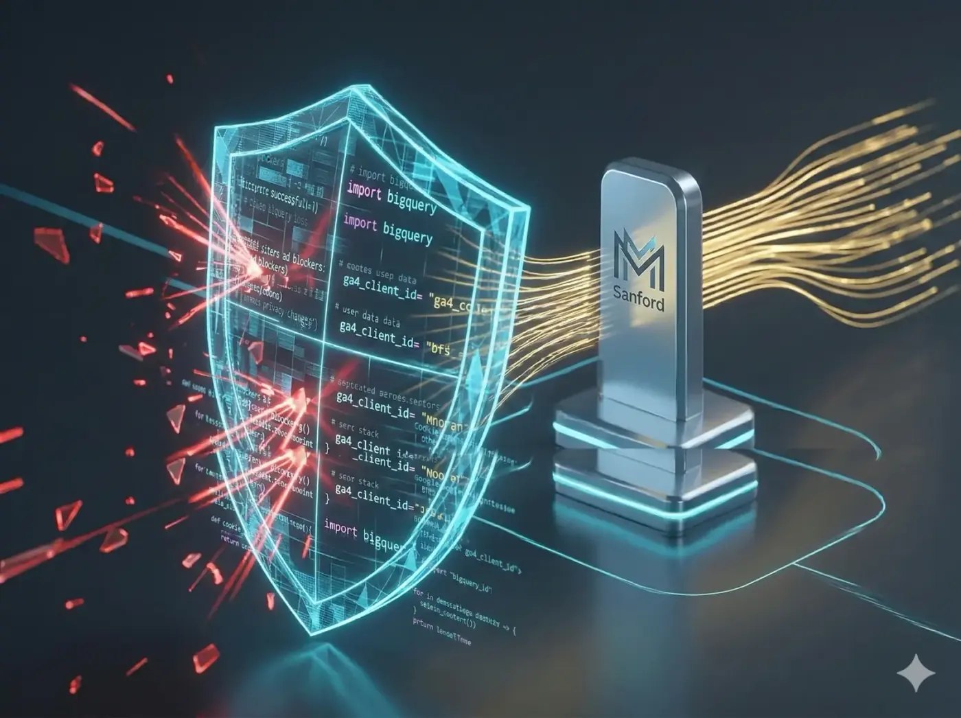 Abstract illustration representing server-side tracking as a shield protecting marketing attribution ROI