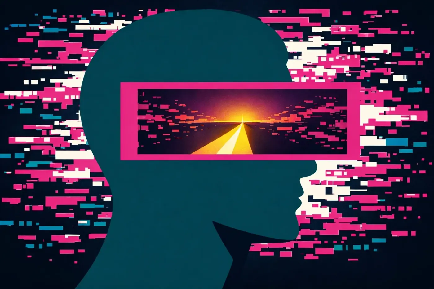 A silhouette using a viewfinder to turn digital noise into clear marketing insights and strategic paths.