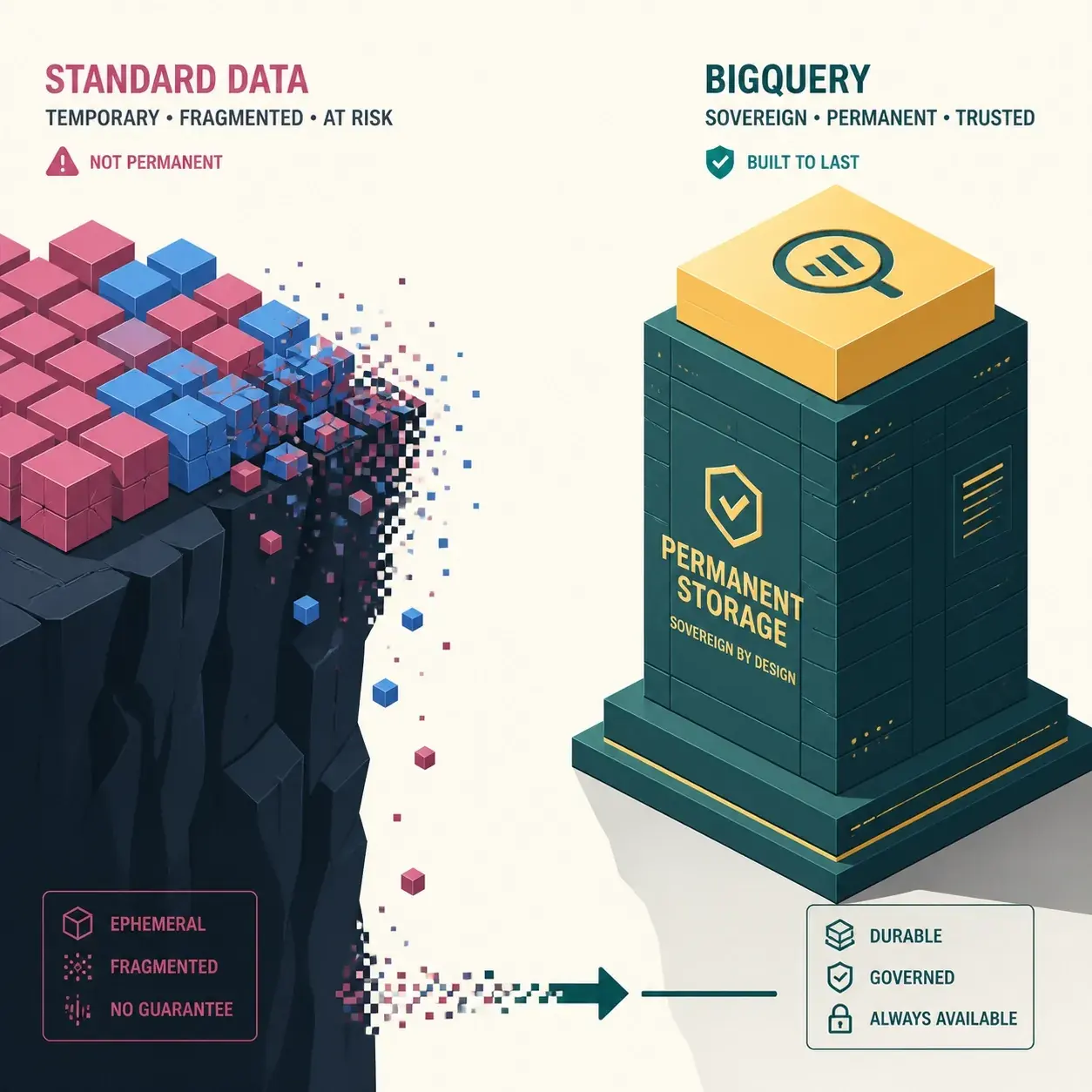 Minimalist graphic comparing GA4's data retention cliff to stable BigQuery storage for historical analytics data.