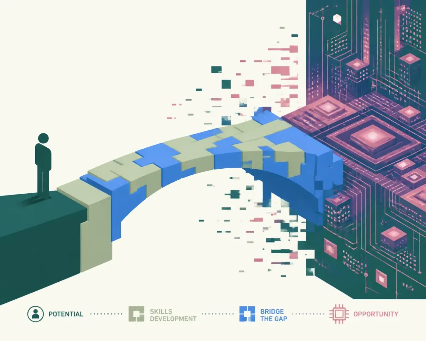 Illustration of a bridge closing the tech talent gap by connecting marketing teams to advanced digital systems.