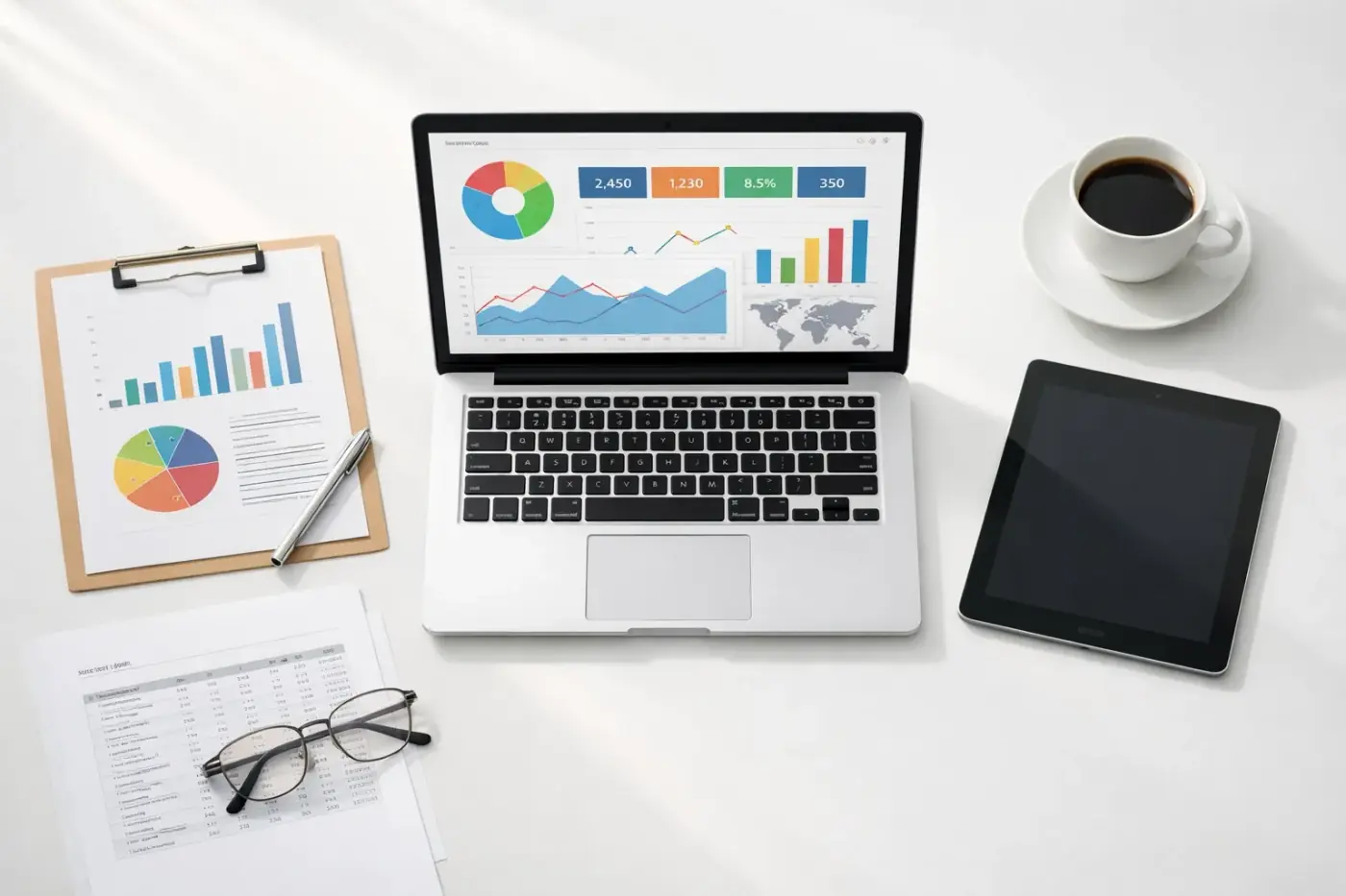Professional workspace with GA4 dashboard and analytics reports for strategic planning