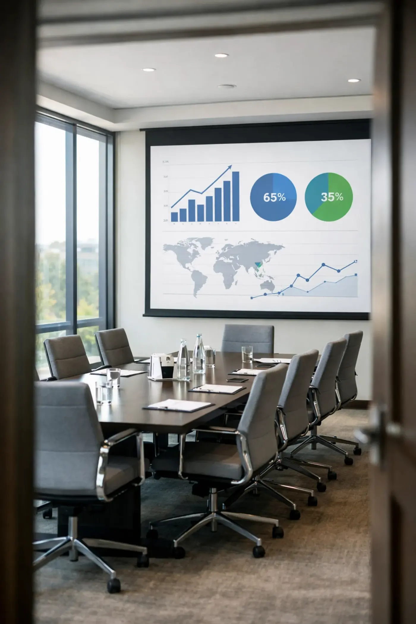 Conference room with data visualization screen showing institutional GA4 reporting structure