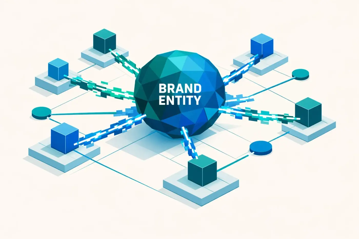 Conceptual diagram of a brand entity connected by data lines, representing institutional authority for AI search.