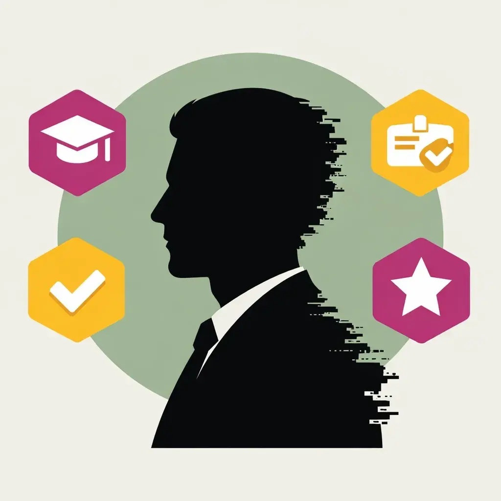 Minimalist silhouette of an expert surrounded by credentials to signal authority and verified authorship.