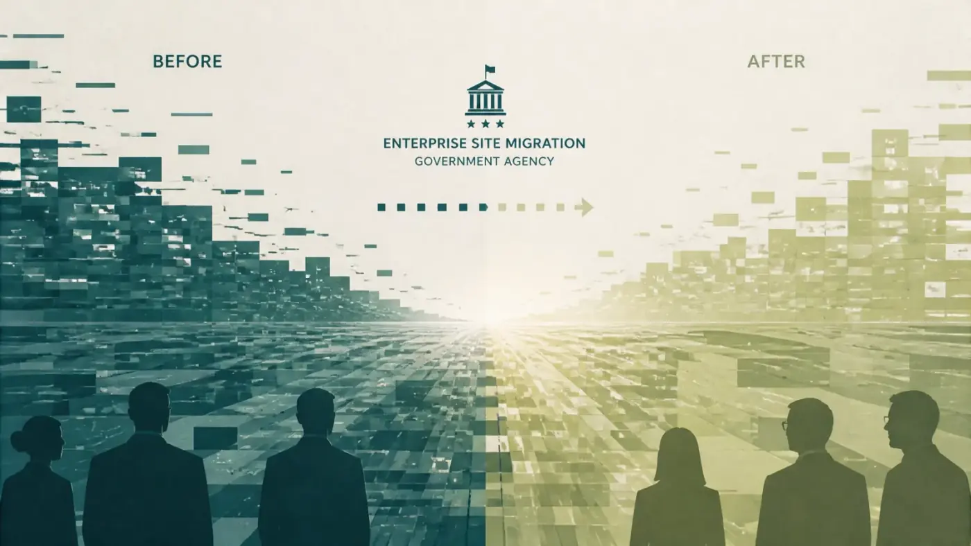 Abstract representation of an enterprise site migration, showing the transition from fragmented legacy data to a structured, agent-ready architecture.