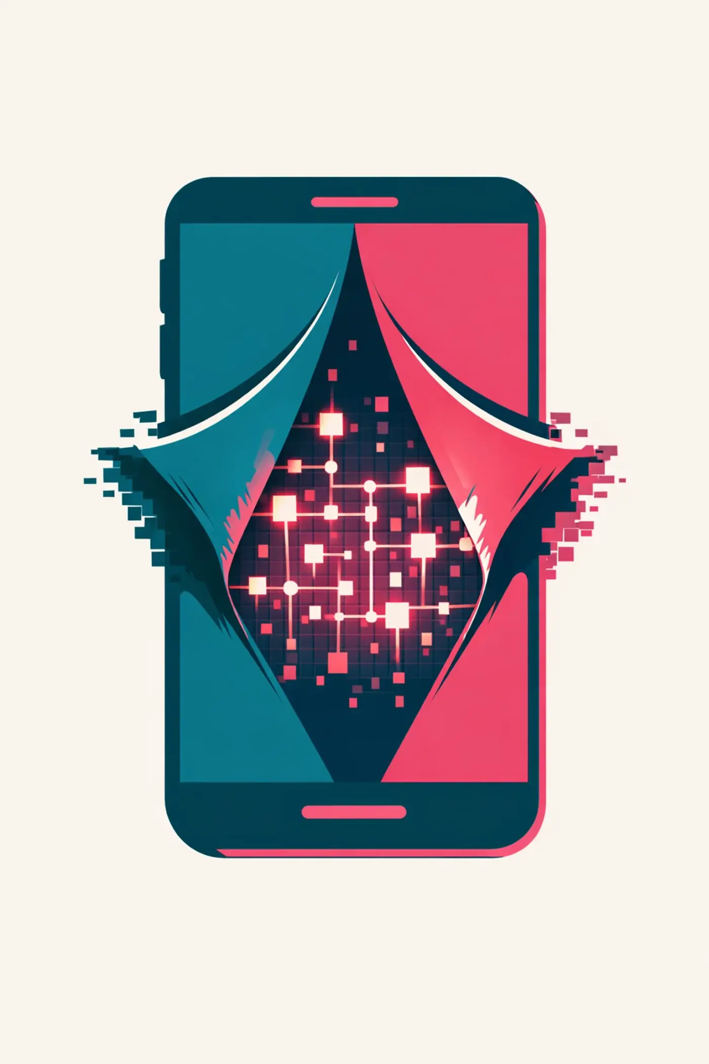 Digital illustration showing structured program page schema data hidden beneath a smartphone screen.