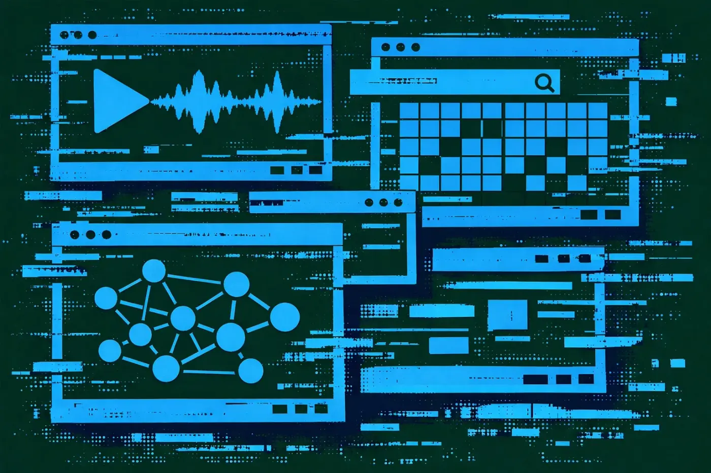 Multiple digital viewports illustrating multi-platform search strategy across social, video, and AI channels.