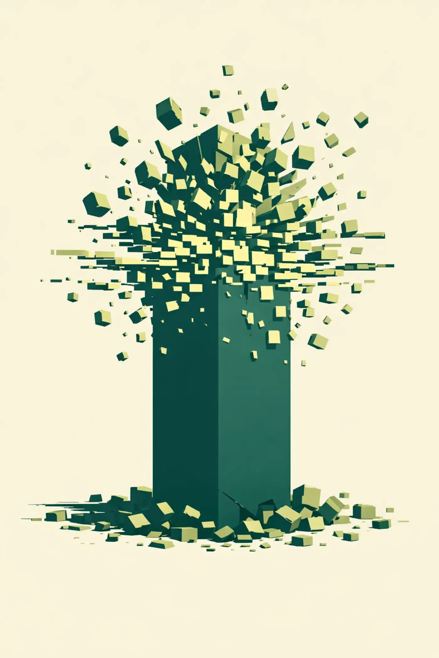 A monolith shattering into digital packets, representing structured content for LLM and AI search discovery.