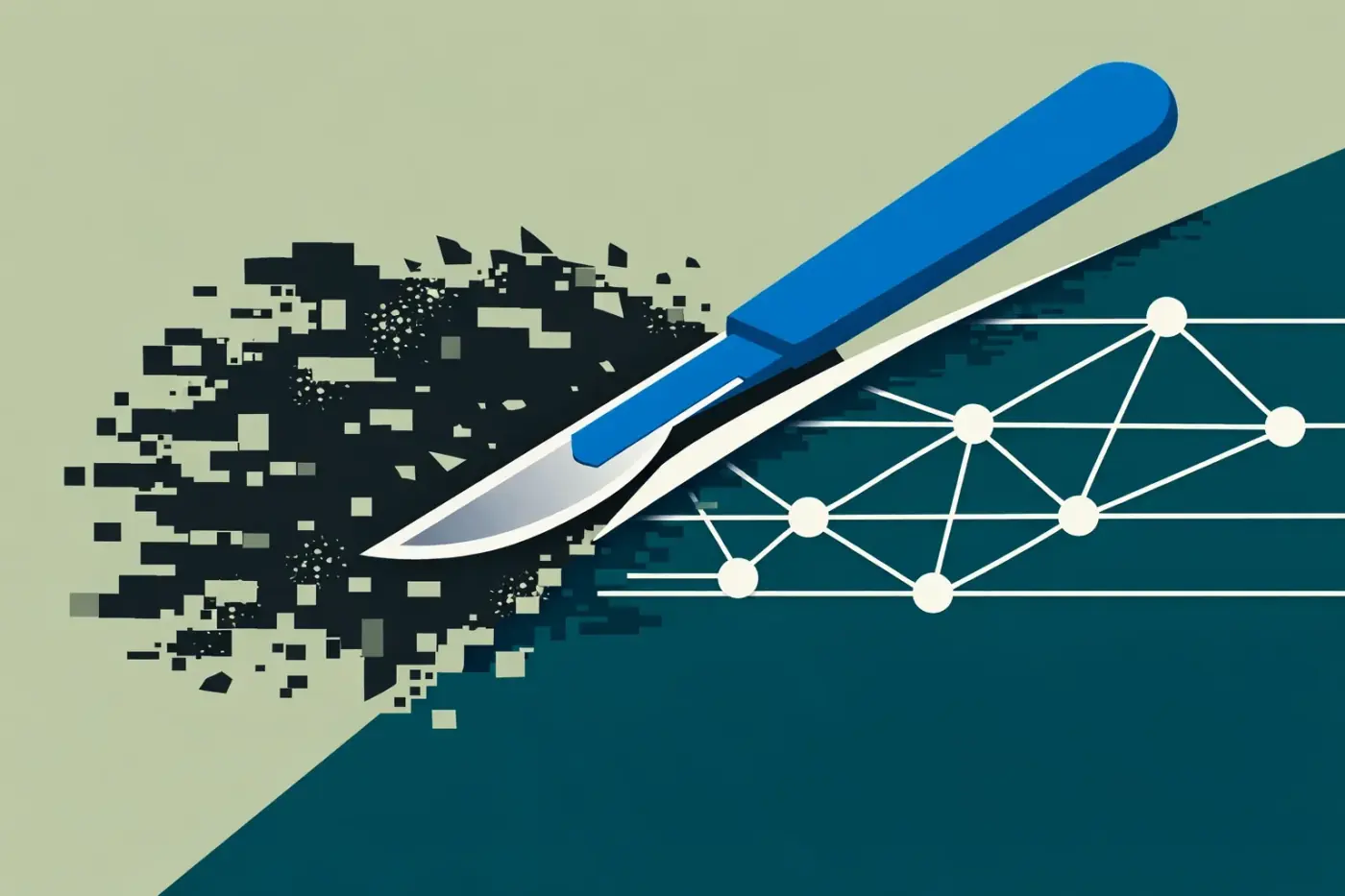 A surgical scalpel cutting through digital noise to reveal structured data, illustrating clear GA4 consultant insights.