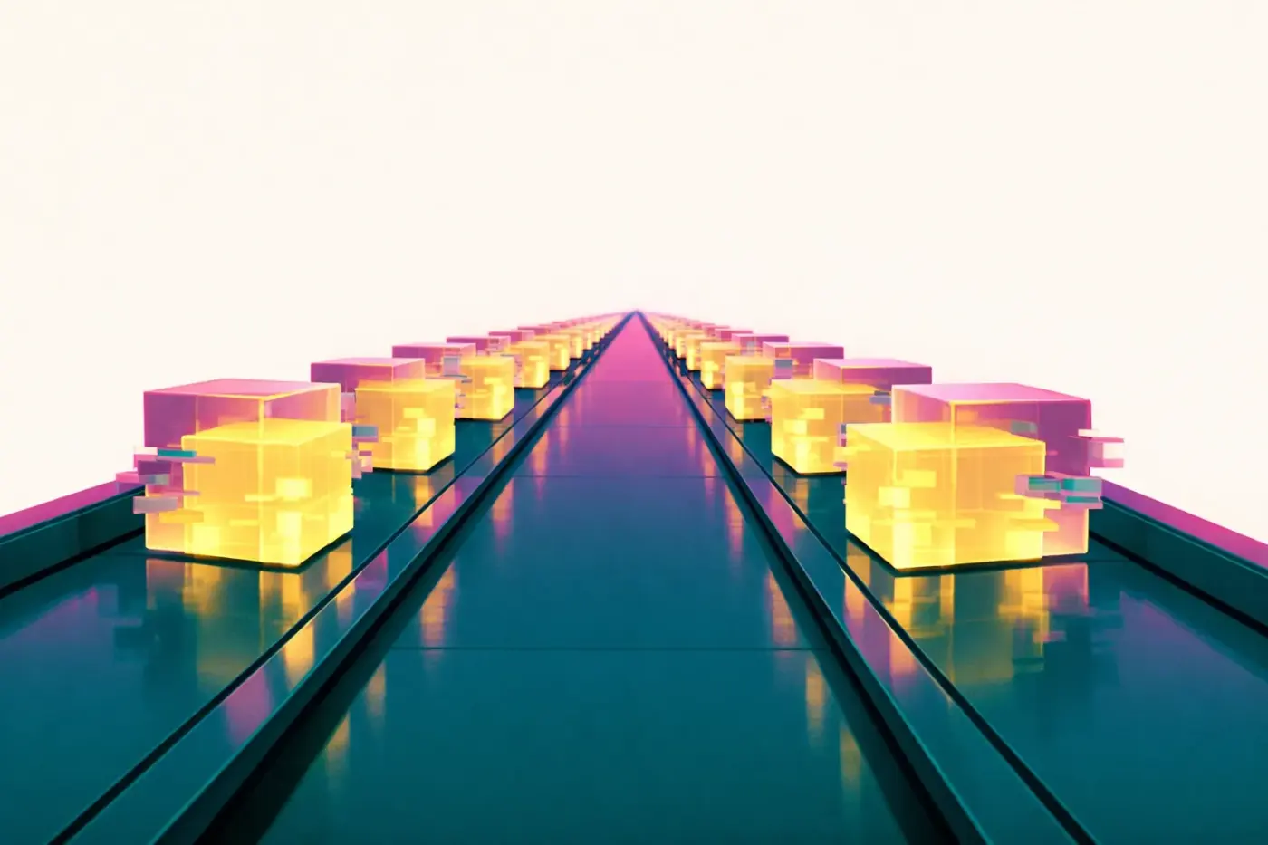 Conveyor belt with identical cubes representing a generic agency factory model instead of personalized SEO reporting.